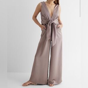 NWT EXPRESS Satin V-Neck Tie Waist Wide Leg Jumpsuit